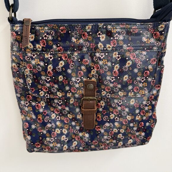 Fat Face Handbags - Fat Face British Canvas Crossbody Bag Blue Tan Print Medium Cotton PVC Coating